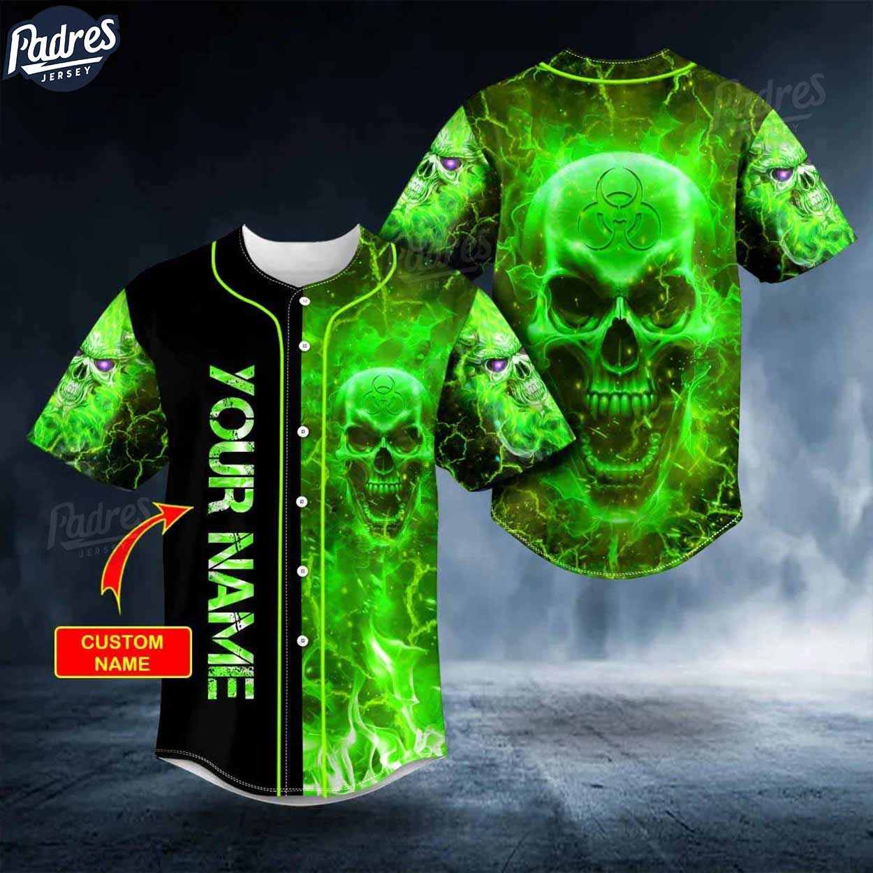 Custom Biohazard Green Fire Skull Baseball Jersey - Padres Jersey Oasis: Elevate Your Baseball Style Game T-Shirts,...
