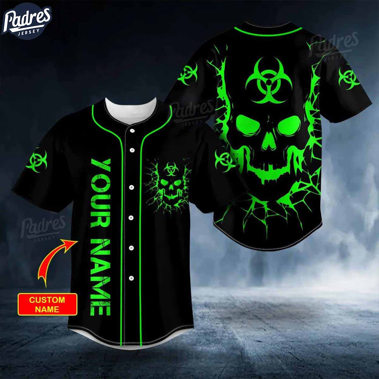 Custom Biohazard Symbol Green Flame Skull Baseball Jersey - Padres Jersey Oasis: Elevate Your Baseball Style Game...