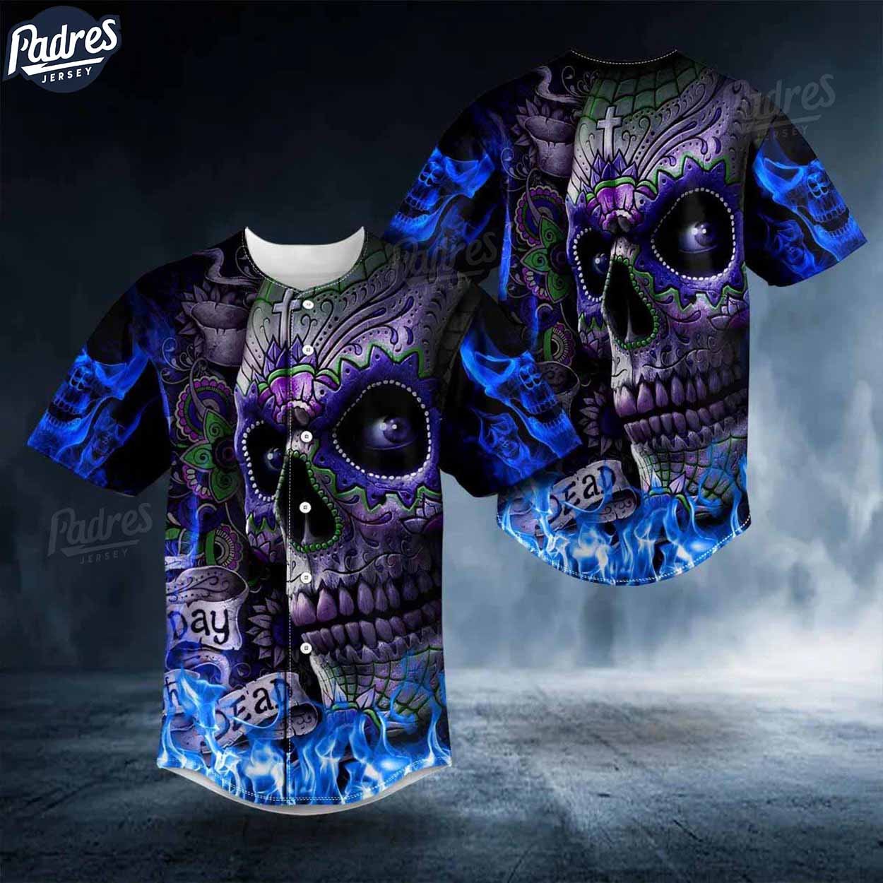 Custom Blue Flame Cross Sugar Skull Baseball Jersey - Padres Jersey Oasis: Elevate Your Baseball Style Game T-Shirts,...