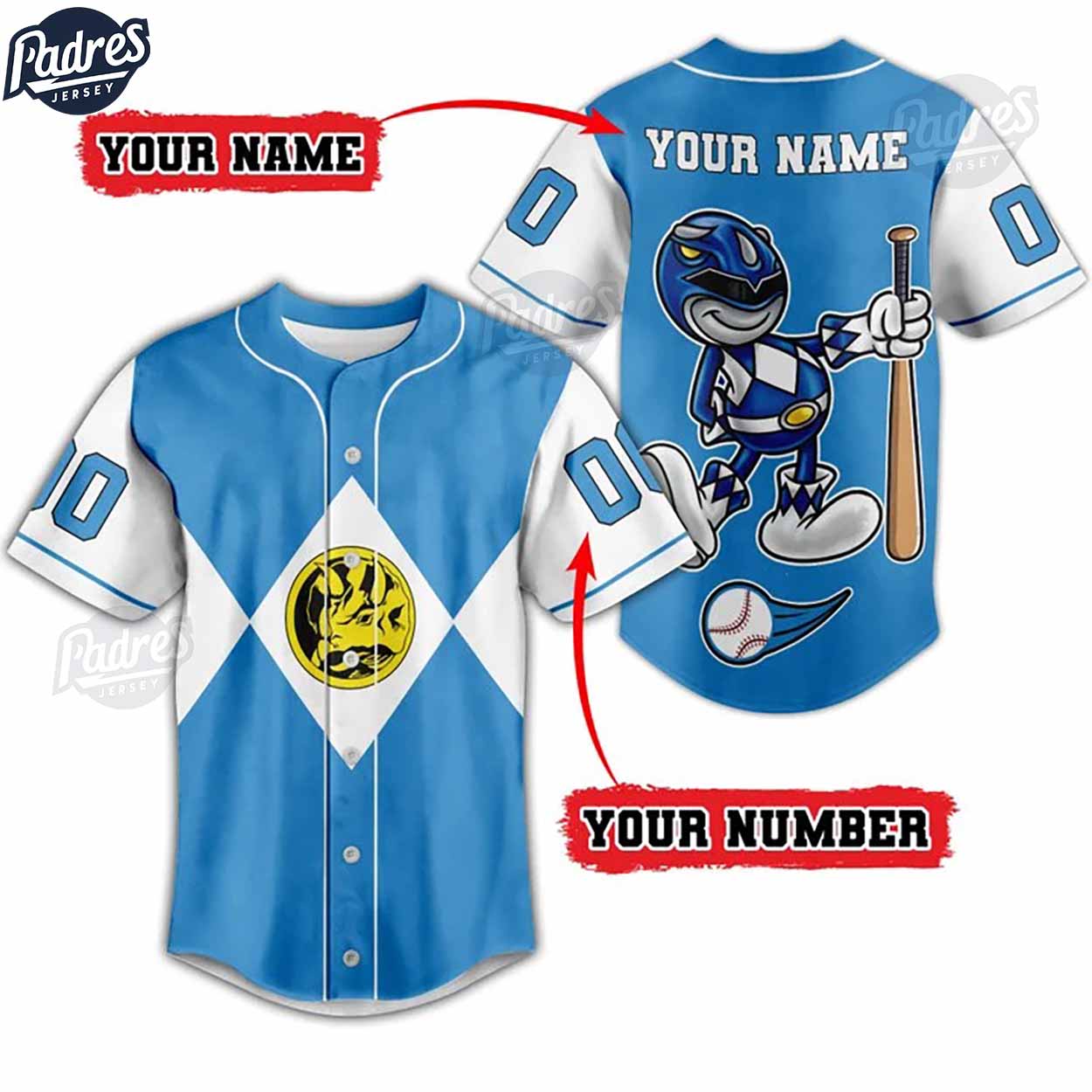 Custom Power Rangers Blue Ranger Baseball Jersey - Padres Jersey Oasis: Elevate Your Baseball Style Game... (Image 2)