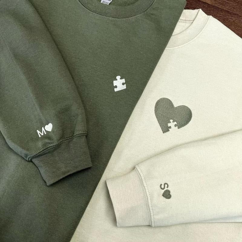 Custom Embroidered Heart and Puzzle Piece Sweatshirt, Initial With Heart On Sleeve, Anniversary Shirt, Couple Hoodie,...