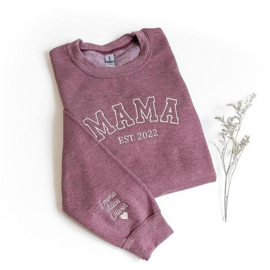 Custom Embroidered Mama Sweatshirt, Personalized Mom Sweatshirt With Names on Sleeve, Gift For Mom, Mothers day gift, pregnancy announcement