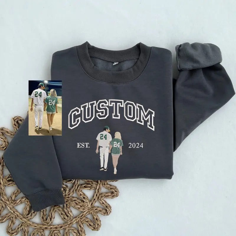 Custom Embroidered Portrait From Photo Sweatshirt, Couple Sweatshirt, Custom Portrait, Wedding Portrait, Matching...