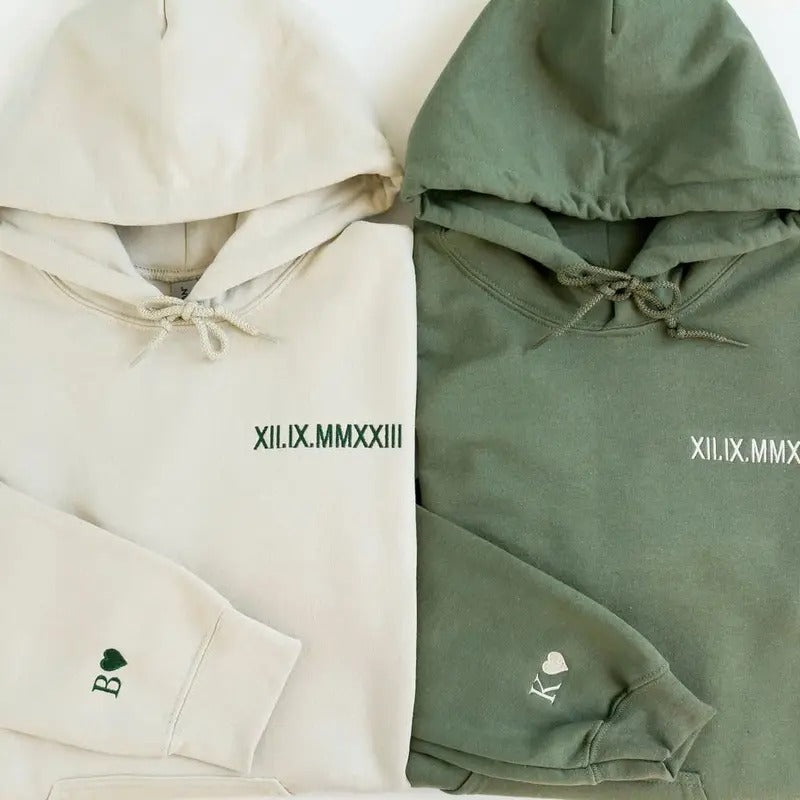 Custom Embroidered Roman Numeral Hoodie - Personalized Gift Date - Classic Cotton Fabric - Engagements & 1st Anniversary...