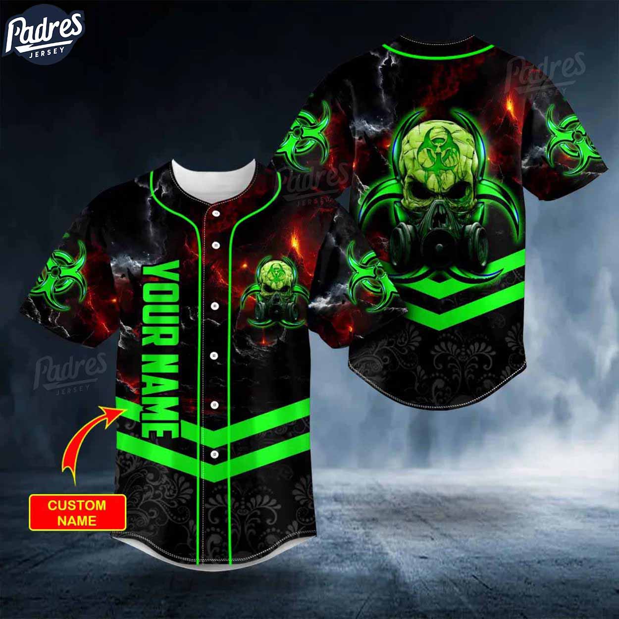 Custom Green Biohazard Skull Baseball Jersey - Padres Jersey Oasis: Elevate Your Baseball Style Game T-Shirts, Hoodie,...