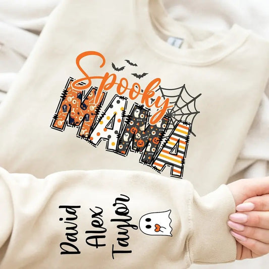 Custom Halloween Spooky Mama Sweatshirt with Kids Name on Sleeve Sweatshirt, Cool Mama Halloween Sweatshirt, Mama Halloween Gift, Custom Mama