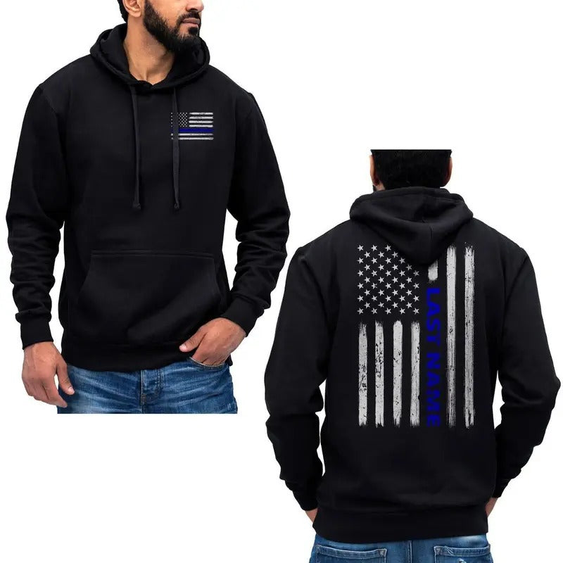 Custom Last Name Police Thin Blue Line Vertical Flag Hoodie Sweatshirt - Soft Cotton Blend Fabric Menswear Breathable...