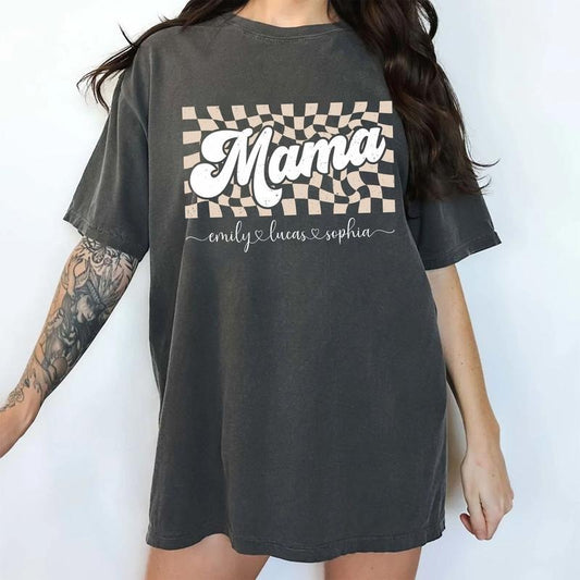 Custom Mama Comfort Colors Shirt, Personalized Children's Name Mom T-shirt, Checkered Mama Graphic Tee, Personalized Gift For Mom, Mother's Day Gift
