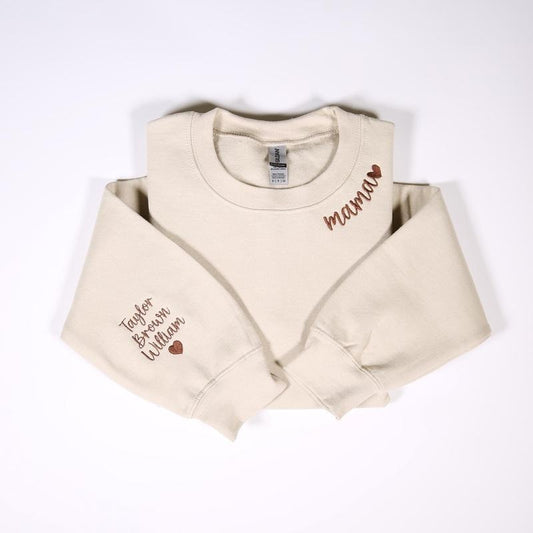 Custom Mama Embroidered Sweatshirt With Kids Names On Sleeve, Personalized Mom Embroidery Hoodie T-Shirts | WearSparks.com