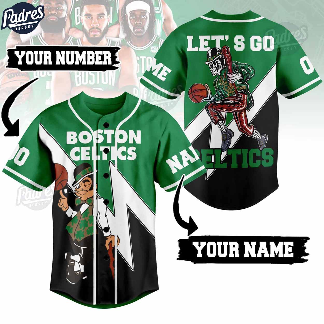 Custom NBA Let's Go Celtics Boston Celtics Baseball Jersey Style - Padres Jersey Oasis: Elevate Your Baseball... (Image 1)