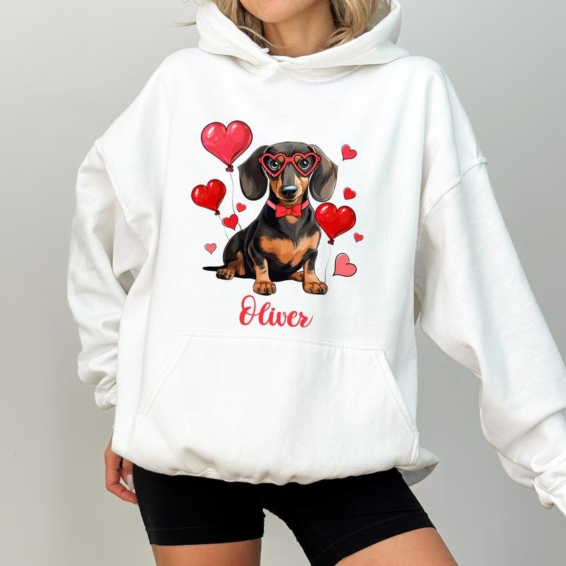 Custom Name Dachshund Valentine Hoodie, Personalized Sausage Dog Graphic Hoodies, Love Themed Weiner Dog Hoodie, Personalized Gift For Dog Mom
