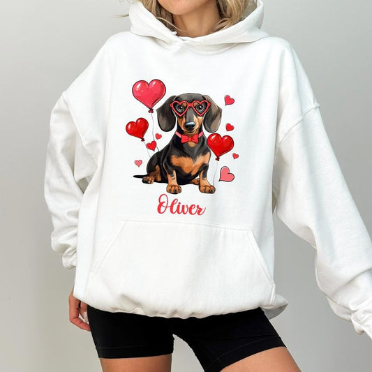 Custom Name Dachshund Valentine Hoodie, Personalized Sausage Dog Graphic Hoodies, Love Themed Weiner Dog Hoodie, Personalized Gift For Dog Mom