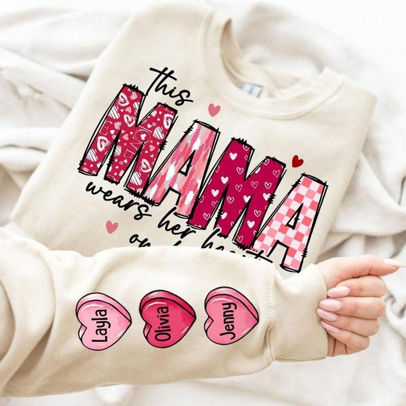 Custom Name On This Mama Loves Her Hearts On Her Sleeve T-shirt, Sweatshirt, Hoodie, Custom Kids Name Shirt, Valentine...