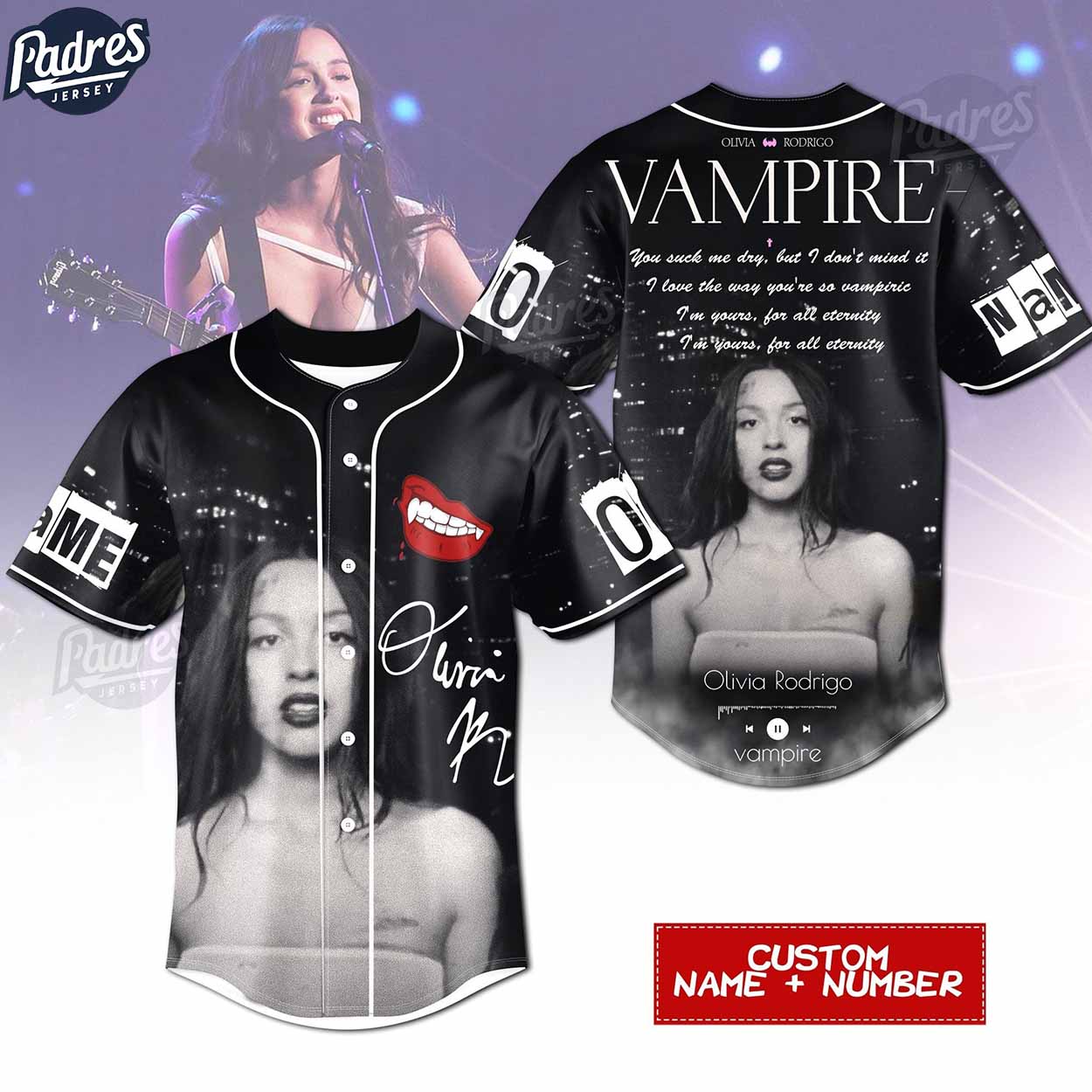 Custom Olivia Rodrigo Vampire Black Baseball Jersey - Padres Jersey Oasis: Elevate Your Baseball Style Game... (Image 1)