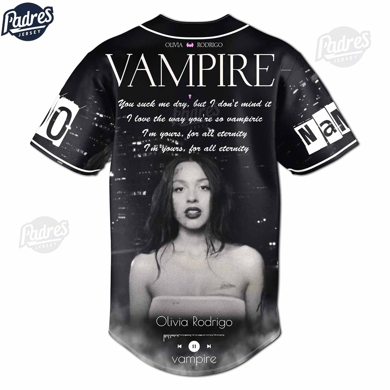 Custom Olivia Rodrigo Vampire Black Baseball Jersey - Padres Jersey Oasis: Elevate Your Baseball Style Game... (Image 2)