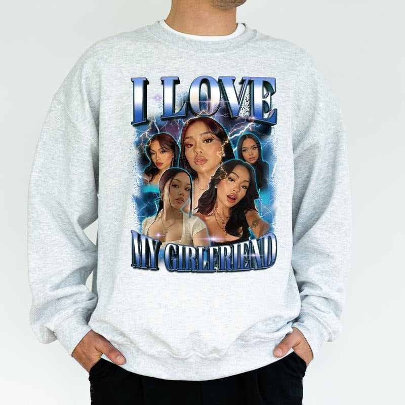Custom Photo I Love My Girlfriend Bootleg Sweatshirt, I Love My Gf Top, Valentine's Day Gifts for Boyfriend, Vintage Rap Tees, Classic Cotton Menswear