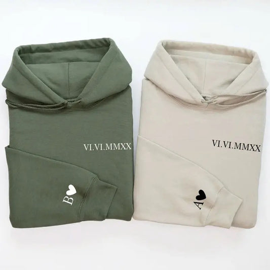 Custom Roman Numeral Hoodie or Sweatshirt Couples Gift Personalized Date Initial On Sleeve Engagements Anniversaries...
