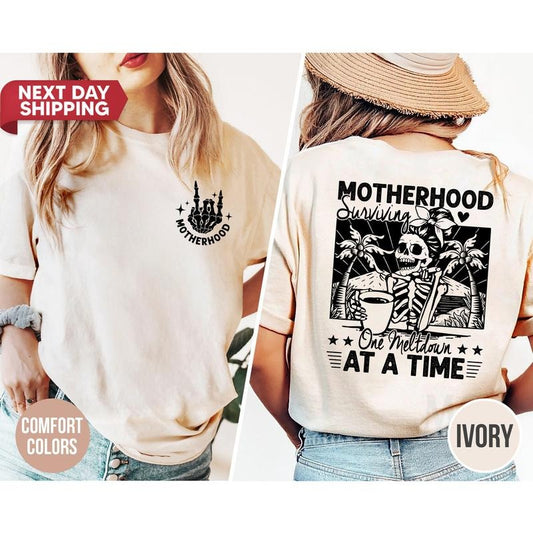 Custom Shirt Motherhood Surviving One Meltdown At A Time Motherhood Skull Mom Shirt Retro Funny Mom Life Cool Mom Club Shirtmother's Day TK43GN