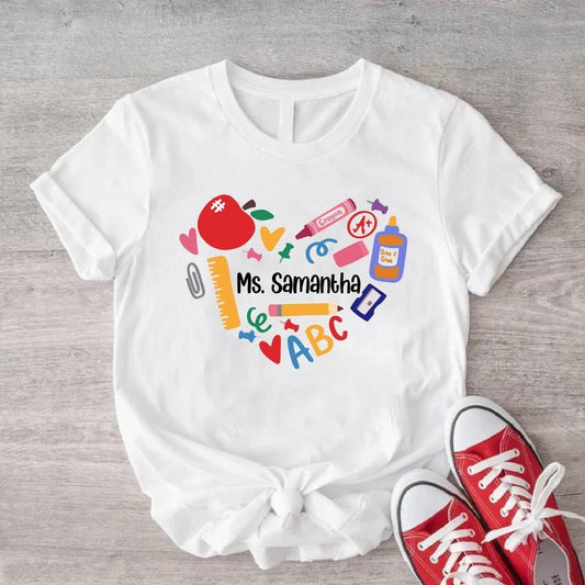 Custom Teacher Shirt, Personalized Heart Teacher's Day T-shirt, Valentine Teacher Gift Tee, Customized Teacher Name Short Sleeve, Back To School Tee.