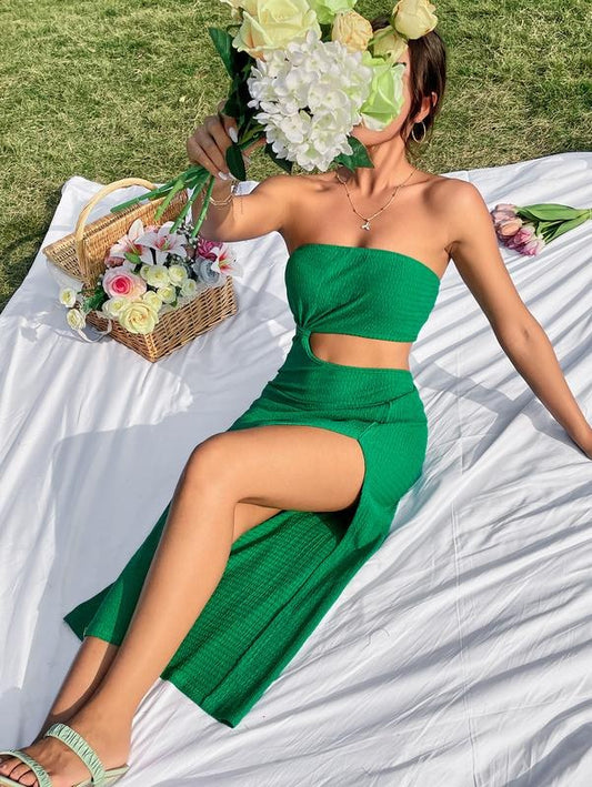 Cut Out Split Thigh Strapless Tubed Backless High Waist Maxi DressY2K