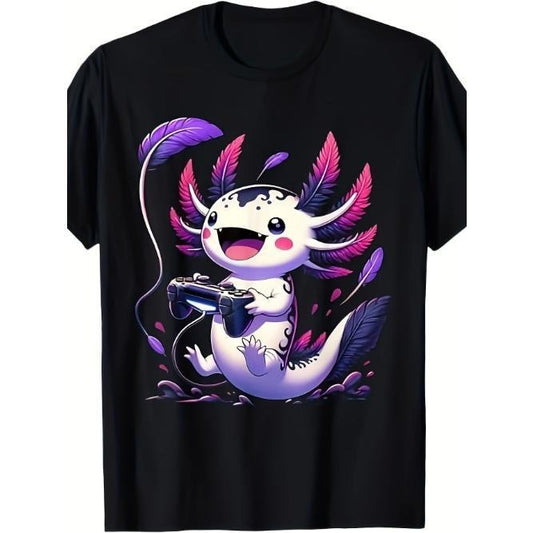 Cute Axolotl Playing Console Video Games Axolotl Gaming T-Shirt Made in USA