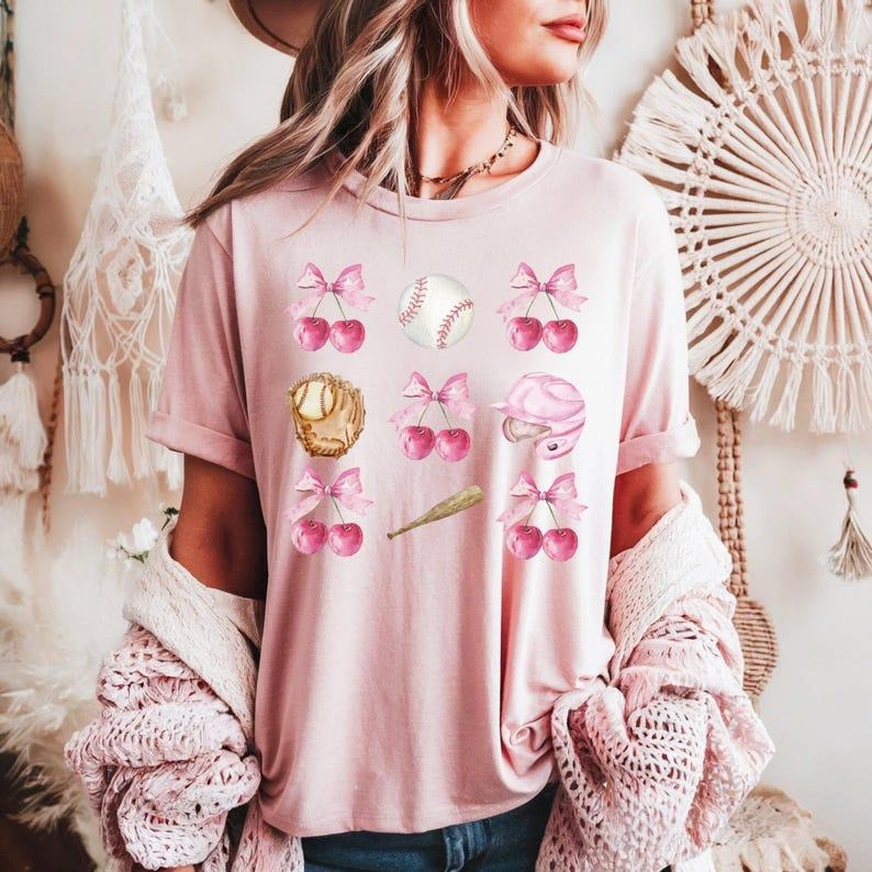 Cute Baseball Themed T-Shirt, Cherry Bow Design for Baseball Lovers, Gift for Mama, Sporty and Fun, Perfect for Game Day