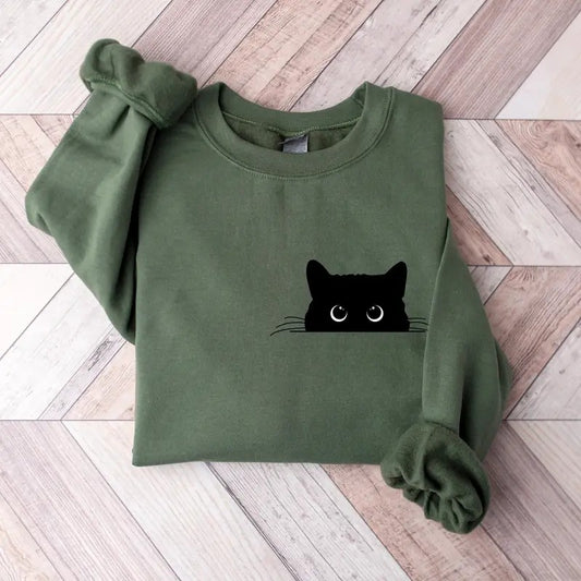 Cute Black Cat Halloween Sweatshirt, Cat Lover Shirt, Womens Halloween Shirt, Halloween Party Shirt, Fall Sweatshirt, Halloween Gift Shirt, Halloween Costume