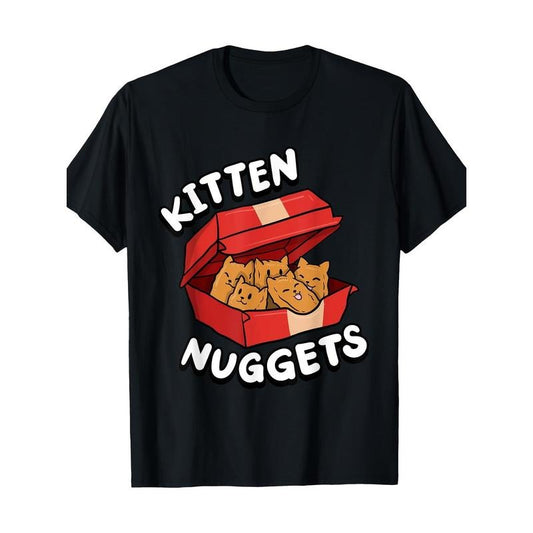 Cute Cat & Chicken Nuggets Graphic Tee - 100% Cotton, Short Sleeve, Crew Neck T-Shirt for Men - Perfect for Casual Wear Made in USA