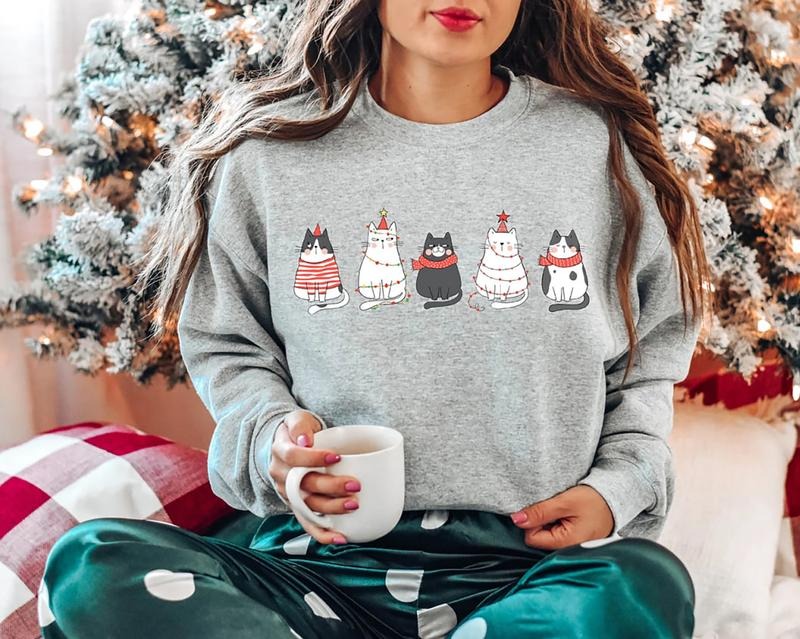 Cute Cat Christmas Sweatshirt, Christmas Cat Tee Shirt, Cat Lover Holiday Shirt, Xmas Gift For Cat Lover