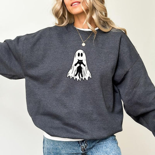 Cute Cat Ghost Sweatshirt, Funny Ghost Hugging Black Cat Crewneck, Halloween Boo Cat Sweatshirt, Cute Ghost Sweater, Ghost with Black Cat Sweatshirt For Women, Comfy Long Sleeve Pullover, Cute Women's Tops, Casual Womenswear, Comfort Fabric Cotton Tops