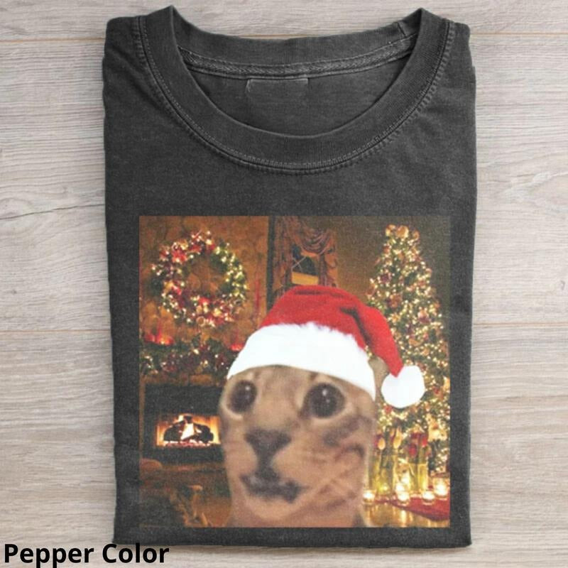 Cute Christmas Cat Meme Women's T-Shirt - Crewneck Short Sleeve - Comfort, Top