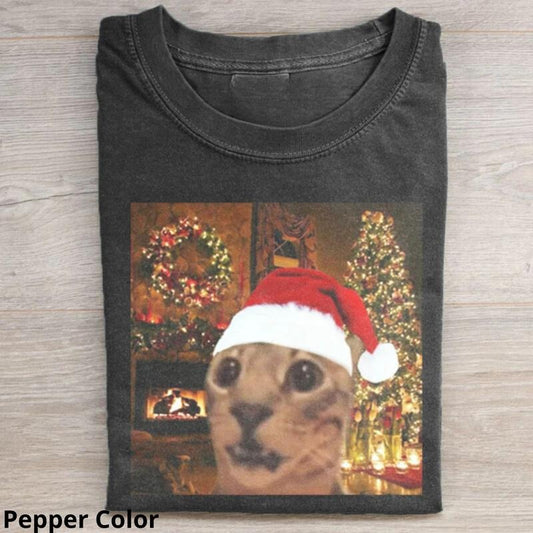 Cute Christmas Cat Meme Women's T-Shirt - Crewneck Short Sleeve - Comfort, Top