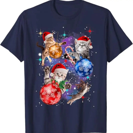 Cute Christmas Cats In Space Ornaments T-Shirt, Cat Selfie Vintage 90s Graphic Shirt, Retro Funny Cat Tee, Alien Kitten Shirt, Y2k Halftone Gag Washed Tee, Cat Lovers Gift