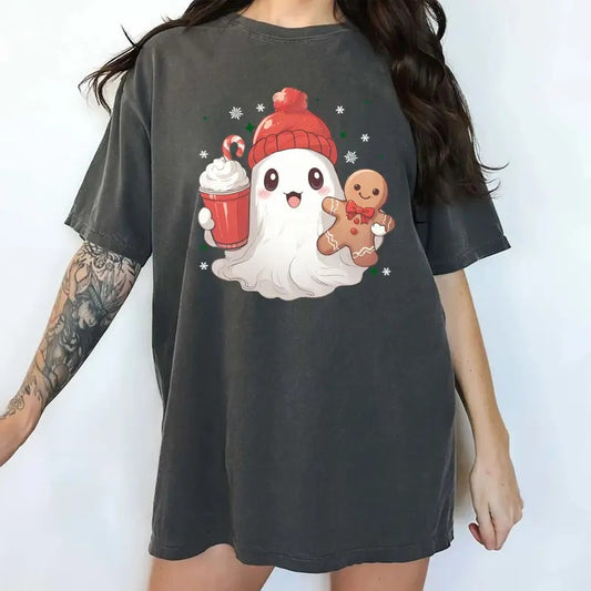 Cute Christmas Ghost Comfort Colors Shirt, Christmas Drinks And Gingerbread Unhinged Tees, Christmas Season Oversized Graphic Tee, Holiday Tee
