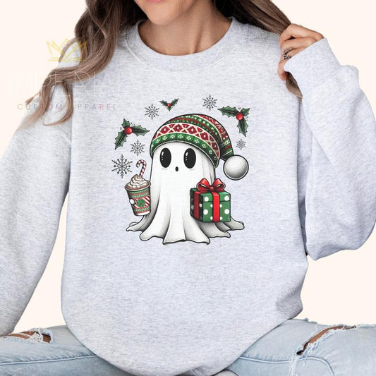 Cute Christmas Ghost Sweatshirt, Cute Christmas Sweatshirt, Xmas Sweater, Xmas Gifts, Christmas Outfit, Comfort Colors Printed T-Shirt Full Color Print