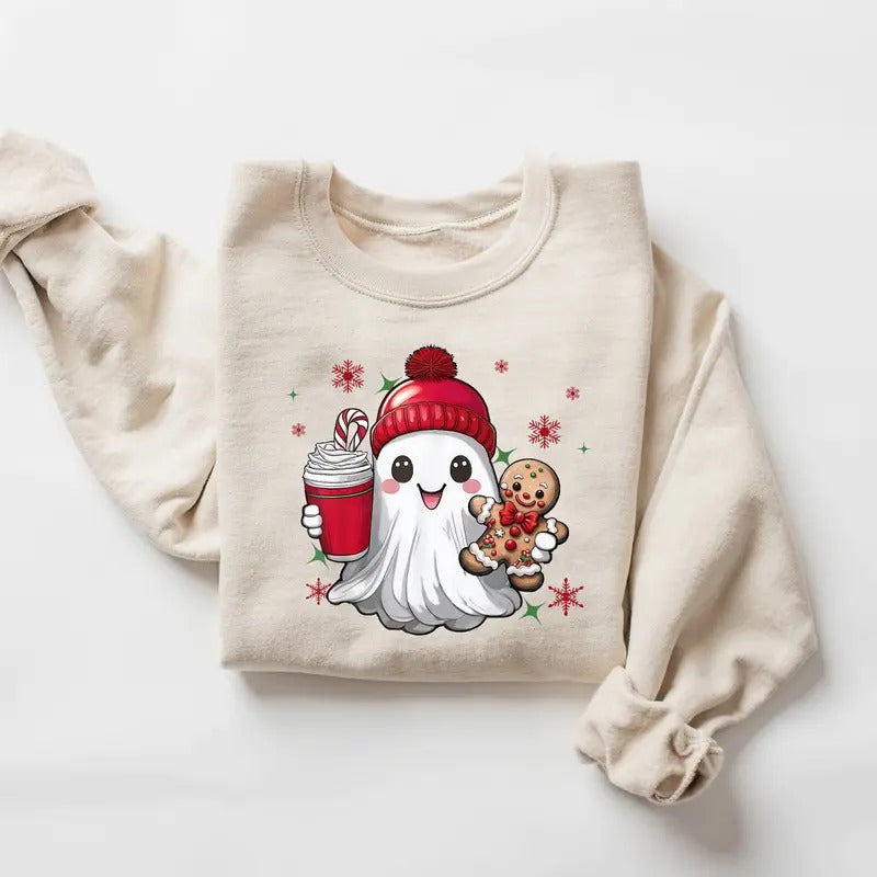 Cute Christmas Ghost Sweatshirt, Ghost Iced Coffee Sweatshirt, Retro Christmas Shirt, Christmas Coffee, Holiday Ghost Sweater, Boojee Ghost Shirt, Gingerbread Christmas Shirt, Xmas Christmas Ghost Shirt