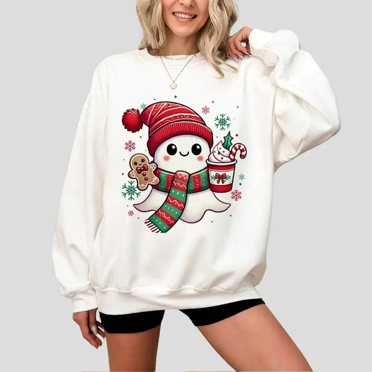 Cute Christmas Ghost T-Shirt, Festive Kawaii Ghost Holiday Shirt, Adorable Xmas Ghost with Hot Cocoa Tee, Fun and Cozy Christmas T-Shirt for Women, Holiday Ghost Graphic Tee, Cute Ghost Christmas Top, Fun Holiday Gift for Her, Whimsical Christmas Shirt