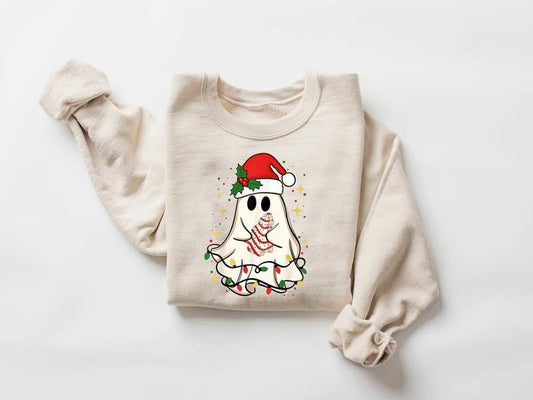 Cute Christmas Ghost Tree Cake Sweatshirt, Christmas Tree Cake Sweater, Merry Christmas Shirt, Ghost Christmas Shirt, Ghost Santa Christmas Shirt, Spooky Christmas Shirt, Winter Holiday Shirt, Xmas Christmas Shirt