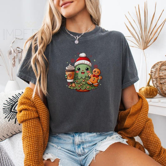 Cute Christmas Tree with Coffee Comfort Colors T Shirt, Cute Christmas Sweatshirt, Xmas Sweater, Xmas Gifts, Christmas Outfit, Comfort Colors Printed T-Shirt Full Color Print
