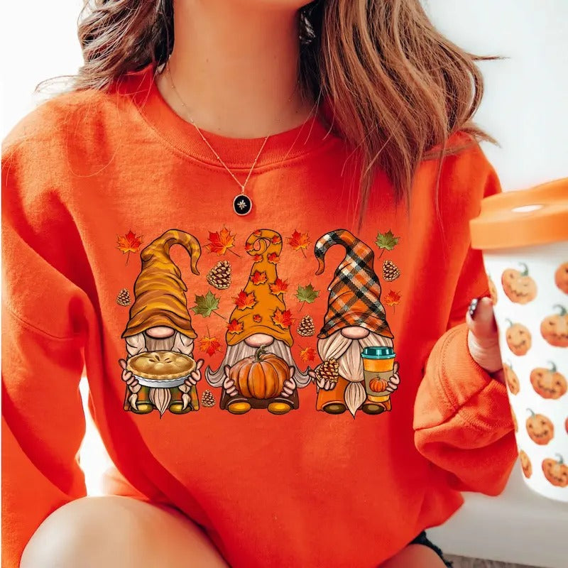 Cute Fall Sweatshirt - Gnome & Thanksgiving Gnomes Design - Pumpkin & Pumpkin Patches - Soft Orange Fabric - Ideal for Fall Holidays - Polyester