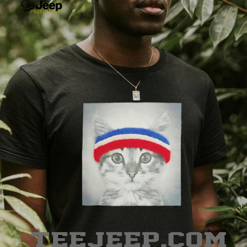 Cute Fitness Cat with Red White and Blue Sweatband Graphic T Shirt