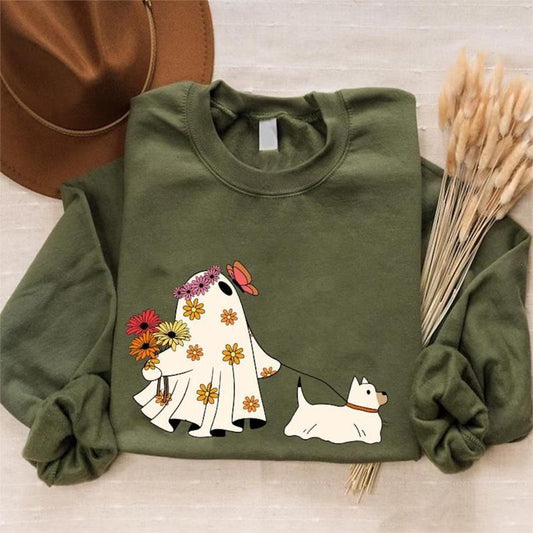 Cute Flower Ghost Halloween Sweater, Ghost Walking Dog T-Shirt, Floral Ghost Halloween Sweatshirt, Vintage Ghost Halloween Sweater, Spooky Season Tee Shirt