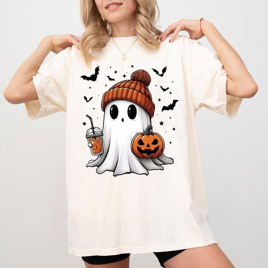 Cute Ghost Coffee Shirt, Ghost Drinking Ice Coffee T-shirt, Halloween Ghost Tshirt, Fall Autumn Shirt for Girl, Coffee...