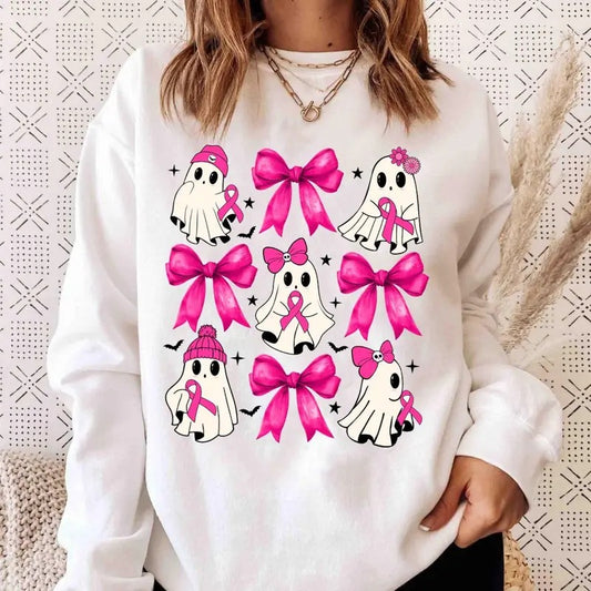 Cute Ghost Coquette Sweatshirt, Breast Cancer Sweatshirt, Fight Breast Cancer Sweatshirt, Halloween Breast Cancer, Breast Cancer Coquette Shirt, we wear pink, Gift For Friend, Sweatshirt for Everyone, Full Size, Full Color Comfort Cotton