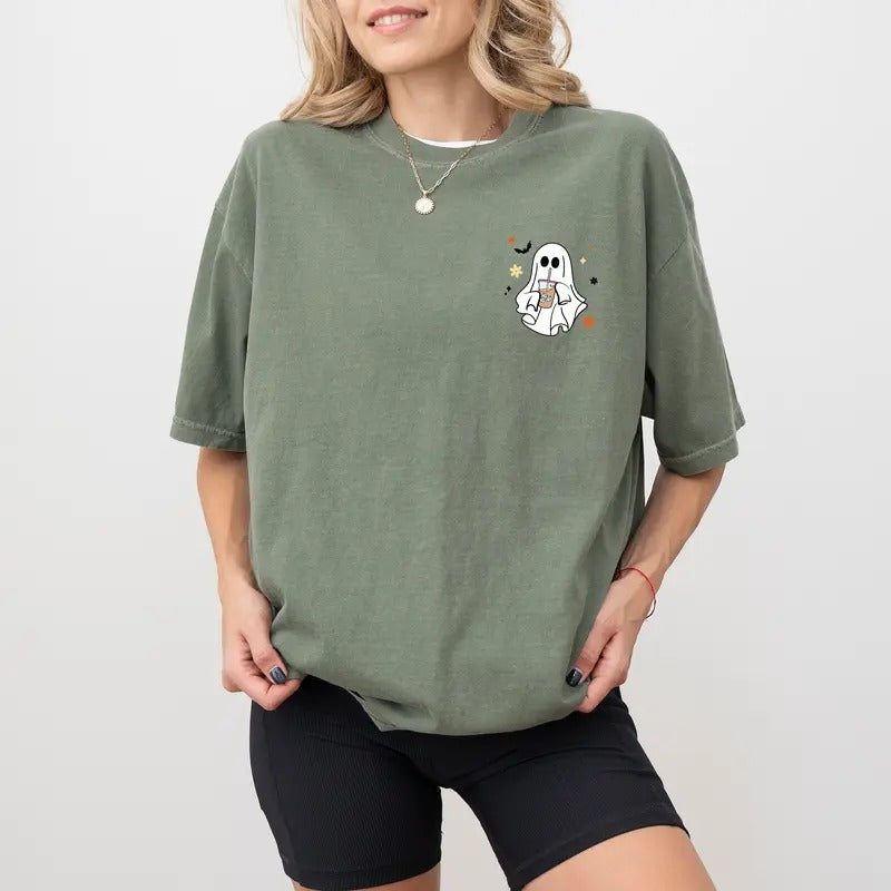 Cute Ghost Drinking Coffee Comfort Colors Shirt, Coffee Lover Halloween Graphic Tee, Fall Vibes Unhinged Shirt, Funny T-shirt For Women, Spooky Vibes Tee, Cute Halloween Shirt, Comfy Fabric Graphic Tee, Womenswear Cotton Fabric Relaxed Fit Chic Style