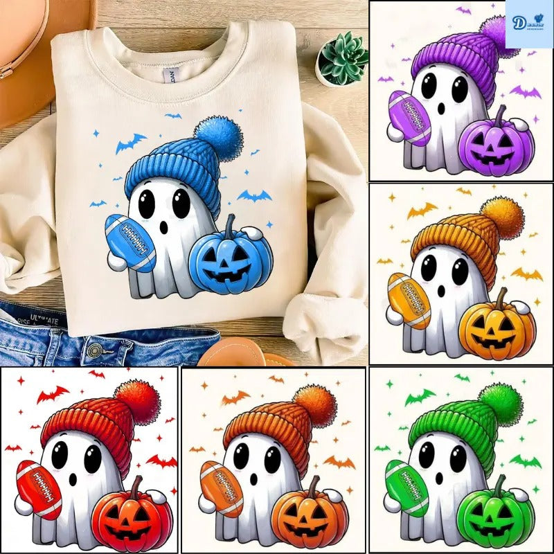 Cute Ghost Football Fall Sweatshirt, Halloween Football Fan Sweatshirt, Ghost with Pumpkin Football Season Sweatshirt, Shirt for Men, for Women