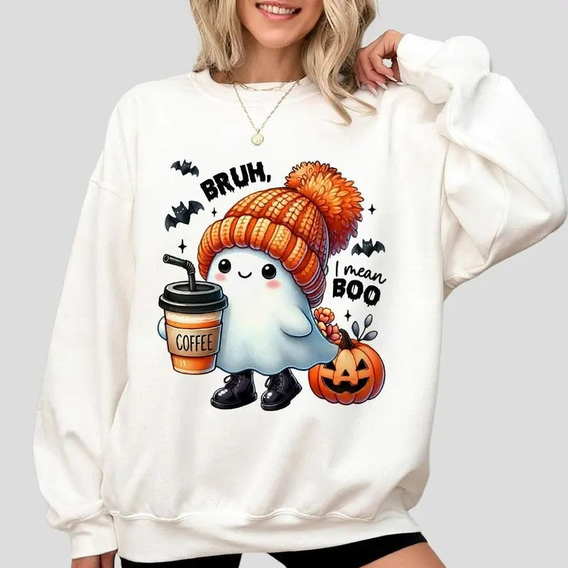 Cute Ghost Halloween Sweatshirt, Ghost Coffee T-shirt, Spooky Season Sweatshirt, Gift For Coffee Lover, Shirts For Women, Bruh Ghost Halloween T-shirt, Funny Ghost Shirt, Cute Ghost Tee, Funny Halloween Shirt, Women's Tops