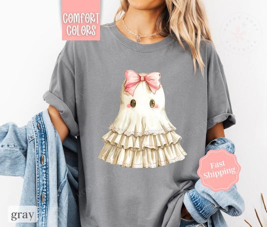 Cute Ghost Shirt Comfort Colors, Coquette Halloween Shirt,  October Vibes Shirt for Women Oversized Crewneck Tee