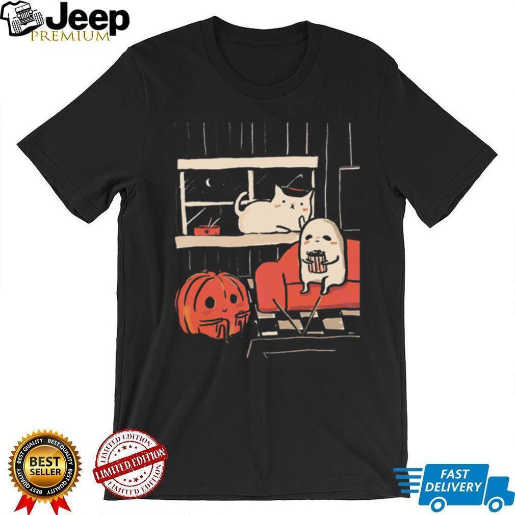 Cute Ghost and Cat Movie Night Halloween Spooky Season Comfort Colors T Shirt