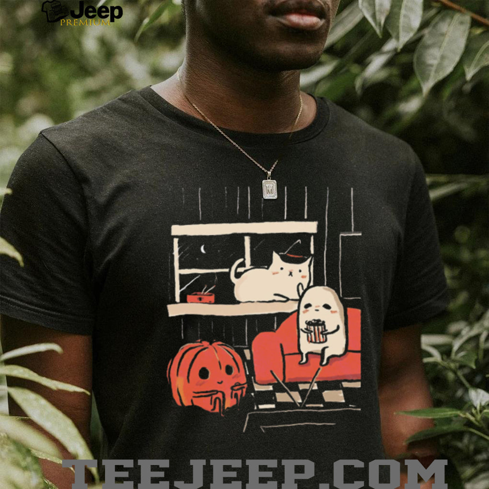 Cute Ghost and Cat Movie Night Halloween Spooky Season Comfort Colors T Shirt